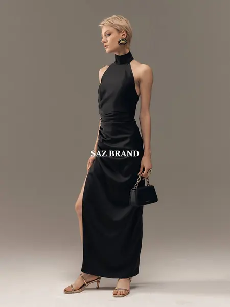 Black satin halter maxi dress from the SAZ collection