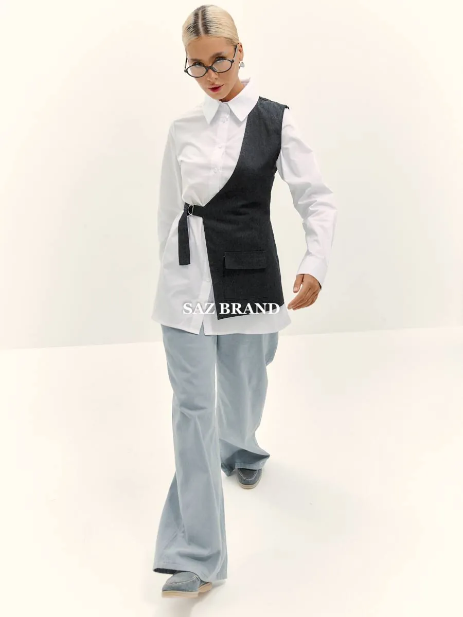 White shirt with asymmetric vest